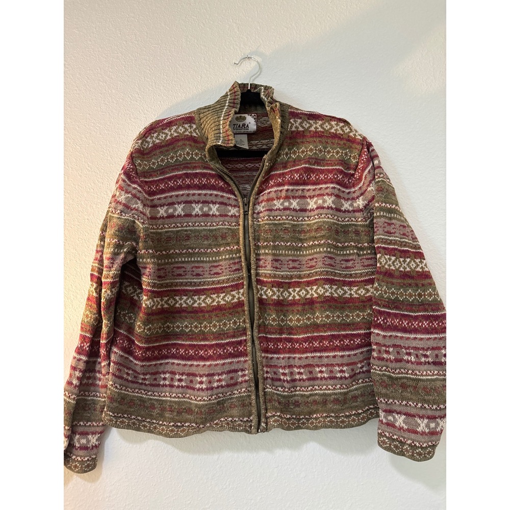 Tiara International Fair Isle Full Zip Cardigan Sweater XL Green Burgundy Knit